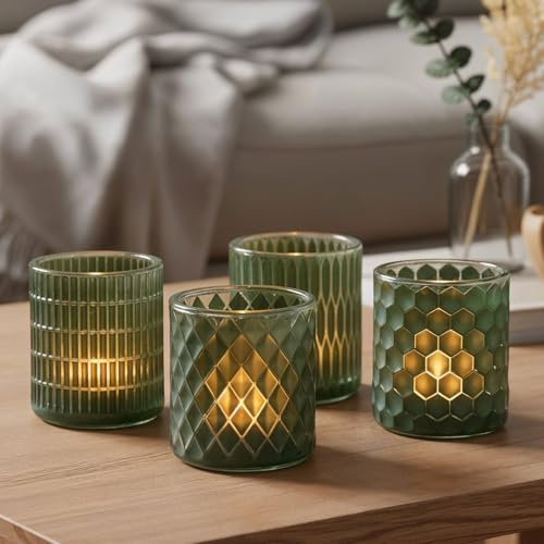 levandeo Uppsättning av 4 värmeljushållare grönt glas lykta bordsdekoration ljushållare ljus dekoration heminredning ljusglas retro