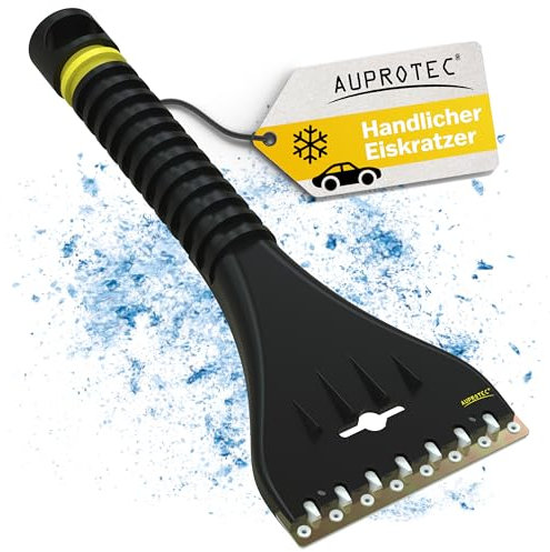 AUPROTEC Grattoir à Glace avec Racloir Double en Laiton et Polycarbonate + Dents Brise-Glace Gratte-Givre Raclette Pare Brise Outil d'hiver AE 1 - Couleur Noir-Jaune