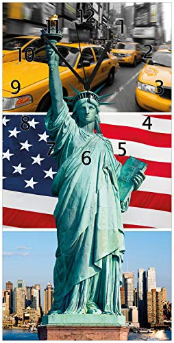 Wallario Design-Wanduhr New York Collage aus Glas, Motiv-Uhr Größe 30 x 60 cm, Schwarze Zeiger
