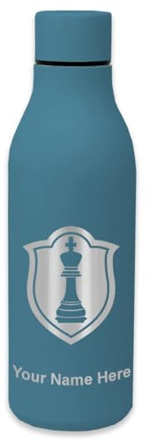 LaserGram Double Wall Stainless Steel Water Bottle, Chess King, Personalized Engraving Included (Slate Blue)