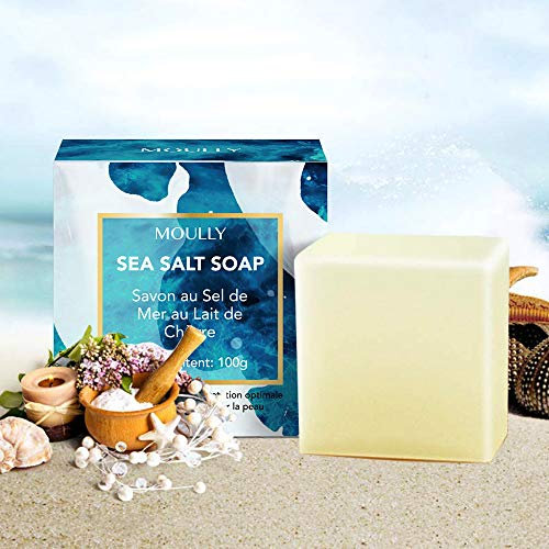 MOULLY Savon Lait de Chèvre, Savon au Sel de Mer Naturel Exfoliant, Anti Acné Cicatrices de Points Noirs et d’acné Savon Anti-Cellulite pour Soulager l'eczéma, Visage et Corps