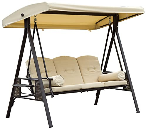 Outsunny Dondolo da Giardino 3 Posti in Metallo con Tetto Inclinabile e Cuscini Imbottiti 280x120x172cm, Beige