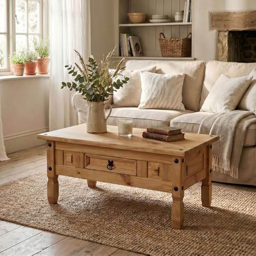 IDIMEX Table Basse Esteban en pin Massif Style Mexicain avec 1 tiroir, Table de Salon en Bois teinté/ciré avec 4 Pieds
