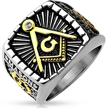 Paula & Fritz® Ring Herren Freimaurer-Gussring 316L Chirurgenstahl Größe 64 (20,4) 8-mm Breit Silber Gold Damenring Partnerring Ehering Bandring