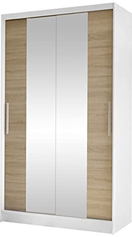 Mirjan24 Margite II Armoire avec 2 miroirs, tringle à vêtements et 5 compartiments, armoire pour chambre à coucher, couloir, penderie, armoire à portes coulissantes (blanc/chêne Sonoma)