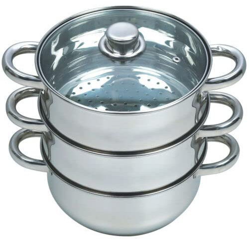 Vision4ever 4Pcs steamer cooker pot set pan cook food glass lids 3 tier stainless steel, Silver