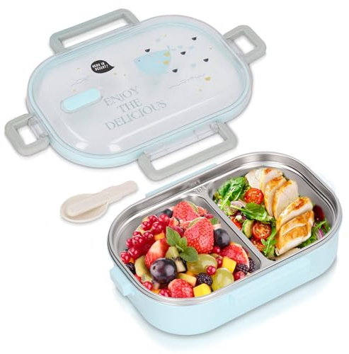 Buachois Bento Box,2 Compartments Stainless Steel Lunch Box for Kids Adults with Sealed Lids Thermal Insulation Food Container for Work School Lunches Picnic Camping(Blue)