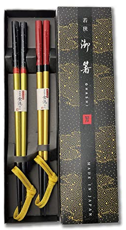 Premium Japanese Chopsticks Reusable 2pcs set [ Made in Japan ] Traditional Lacquer Art Wooden Chopsticks (Snowstorm BK/RD(YM203))