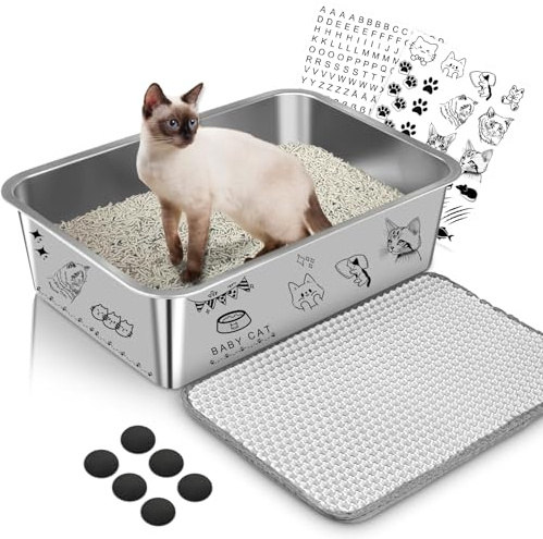 Lohofrnny Lettiera Grande per Gatti e Conigli, Non Assorbe Mai gli Odori, Acciaio Inox 50×35×15cm