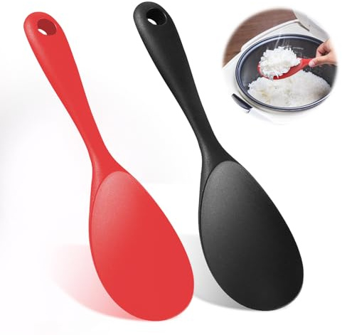 SUWIWKKOA 2 Stück Silikon Servierlöffel, Lebensmittelqualität Silikon Kochlöffel, Hitzebeständig Reiskocher Löffel, Bis zu 230°, Antihaft Reislöffel für KüChe Reis Reiskocher Kartoffelpüree Backen