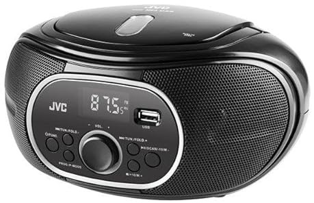 JVC Boombox RD-E221B - Lettore CD nero - Radio portatile con sintonizzatore FM, Bluetooth, USB e AUX - Riproduce MP3, CD-R/CD-RW, suono stereo 2,6 W, display LCD