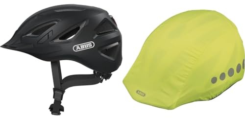 ABUS Stadthelm Urban-I 3.0 - Fahrradhelm mit Rücklicht & Regenkappe für Helme - Regenschutz mit dekorativen Reflektoren und Gummizug - wasserabweisend – Gelb