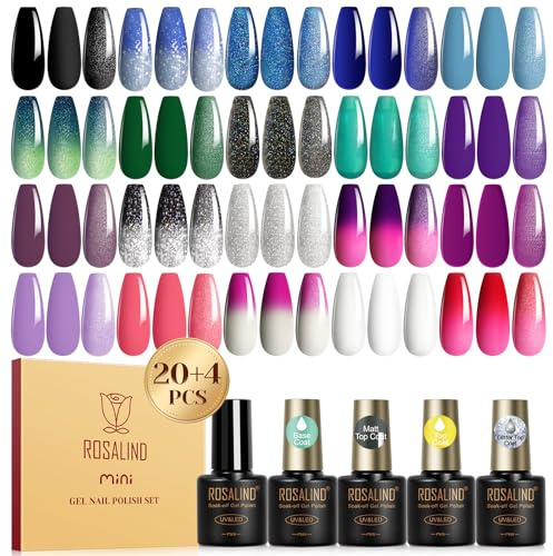 ROSALIND UV-nagellacksset termo, 20 + 4 stycken gelnagellack, färgförändring med underlack och överlack, matt och glitter överlack, termo svart, blå, grön, lila, färggel för gelnaglar UV
