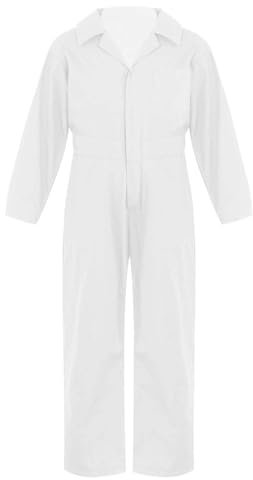 Xnihocha Kinder Langarm Jumpsuit Unisex Arbeitsoverall Einteilige Ganzanzug Reverskragen Einfarbiger Hosenanzug mit Reißverschluss Elfenbein 158-164