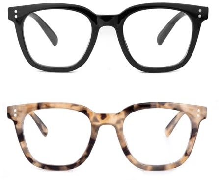 SKYWAY 2er-Pack Blaulichtfilter Brille Damen Herren, übergroße Leichte Blaufilter Brille, Computer Gaming Brille mit Federscharnier Anti-Augenermüdung UV-Schutz Schwarz/Braun Schildpatt