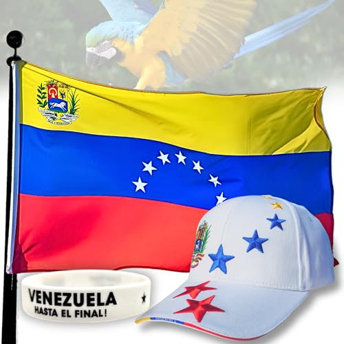 Bandera de Venezuela 7 Estrellas Histórica 1954–2006 Contiene: 1 Bandera Venezuela 7 Estrellas + 1 Gorra Blanca Talla M + 1 Pulsera “HASTA EL FINAL” + Bolsa de Algodón y Postal (Blanca Kit)