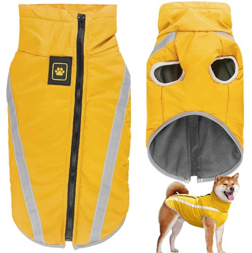 Dolahovy wasserdichte Hundemantel Winter Warme Jacke,Winddichte Haustier Kleidung Hunde Mantel Fleece Jacken Outfit für kleine mittlere große Hunde Weste mit Harness Loch XL-6XL (Gelb, 2XL)