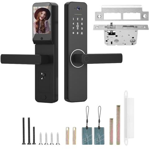 Türschloss Fingerabdruck Mit 120°Weitwinkel-Katzenauge Und Kamera,Unterstützt Fingerabdruck,Mechanische Schlüsselentriegelung,9 Sprachen TonUSB-Notstromversorgung,Geeignet Für 35-60 mm Dicke Türen