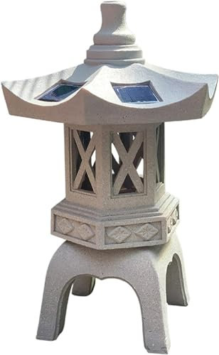 Estatua de farol de estupa de piedra de jardín de estilo japonés con energía solar para exteriores, impermeable, escultura de jardín gris