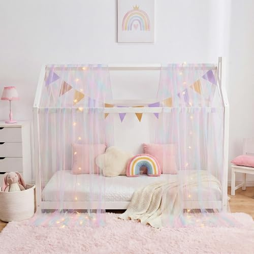 WANFASO Regenbogen-Batik-Doppelbetthimmel für Mädchen, durchscheinende Betthimmel, Bettvorhänge mit Lichtern, Prinzessinnen-Baldachin, Schal für Mädchen, Schlafzimmer, Dekoration (2 Paneele)