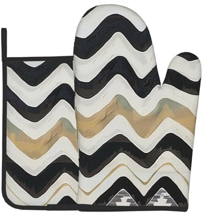 Ofenhandschuhe und Topflappen mit schwarz-weißen Streifen, hitzebeständig, wasserdicht, Grillhandschuhe zum Kochen, Backen, Grillen, 2 Stück