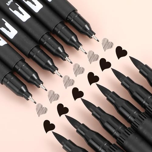 Hpmjz 12 Pack Black Drawing Pens Felt Tip Brush Pen Fineliner Ink Pens Dual Tip Brushes Fineliners Pen Waterproof Calligraphy Marker for Art Drawing Watercolor Sketching Anime Beginners Scrapbooking
