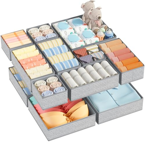 DIMJ Organizer Cassetti - Organizer per Armadio Non Tessuto, 12 Pezzi Divisori per Cassetti, Scatola di Immagazzinaggio Pieghevole, per Biancheria, Neonati, Calzini, Texture Grigio Chiaro
