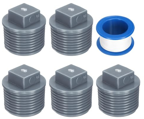 sourcing map 5Pcs 3/4 Inch PT Male Thread PVC Pipe Fitting Plug, Cleanout Plugs, Water Drain End Caps Coupling Adapter with Tape for Water Heater Supply Lines, Plumbing, Gray