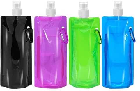 KEWUF 4 Pcs soft flask, botellas de agua plegables, plegables, bolsas de agua flexibles con mosquetón, botella de agua para ciclismo al aire libre, senderismo, aventura, viajes, unisex