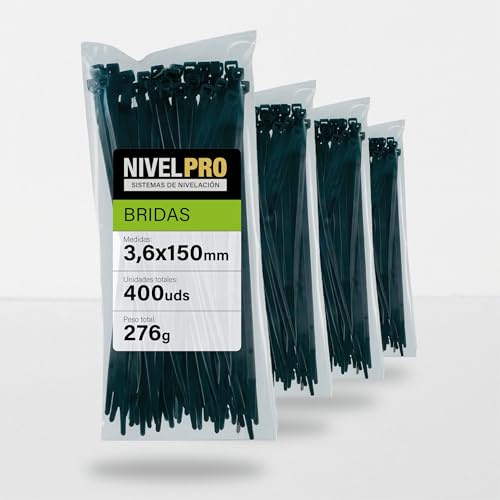 NIVELPRO Bridas de Plástico 3,6 x 150 mm, 400 Unidades, Bridas Negras Resistentes Interior y Exterior, Nylon, Cierre Autoblocante, Sujetacables y Abrazaderas