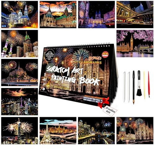 Scratch Art Malerei für Erwachsene & Kinder - 12-teiliges A4 Landmark Gebäude Scratch Art Buch Set | Scratch Painting Papier Bastelset | Stressabbau Geschenk für Reise- & Bastelliebhaber | Kreative