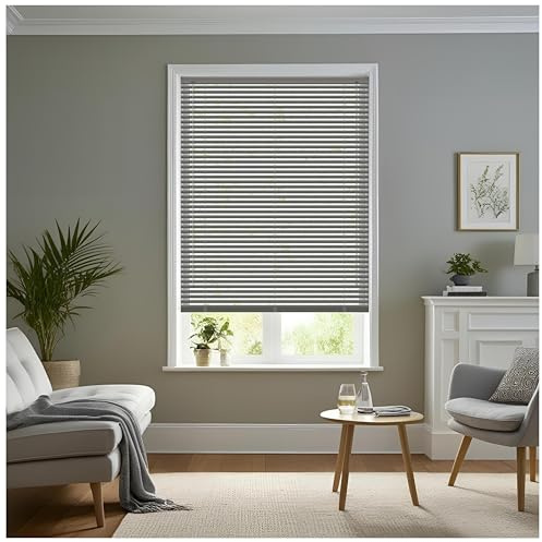 J.Din Made to Measure Grey Plain PVC Window Venetian Blinds 25mm Slats, Easy Fit Windows Treatment Shutters Child Safe Fittings Home Office Curtains 105W x 150H cm