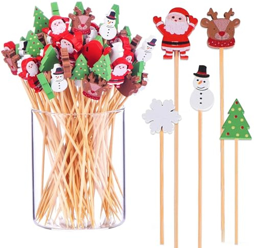 100PCS Christmas Cupcake Toppers Merry Xmas Cake Decorations with Santa Snowman Reindeer Picks for Holiday Party Supplies