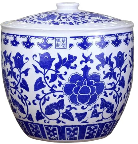 MDLOCJHF Rice Dispenser Blue and White Ceramic Rice Storage Container, Chinese Sealed Ceramic Rice Bucket with Lid, Classic Food Dispenser Storage Jar for Noodles Rice Snacks Pantry(15kg)