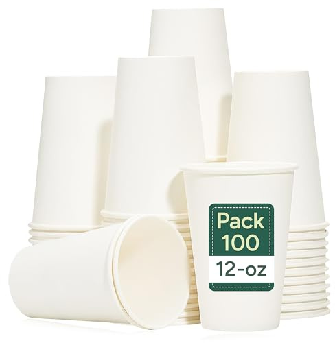 Zuvo - 100 x 12oz White Paper Cups | Strong Disposable Cups for Hot and Cold Drinks | Sturdy Leak-Resistant Takeaway Cups for Coffee, Tea & Water