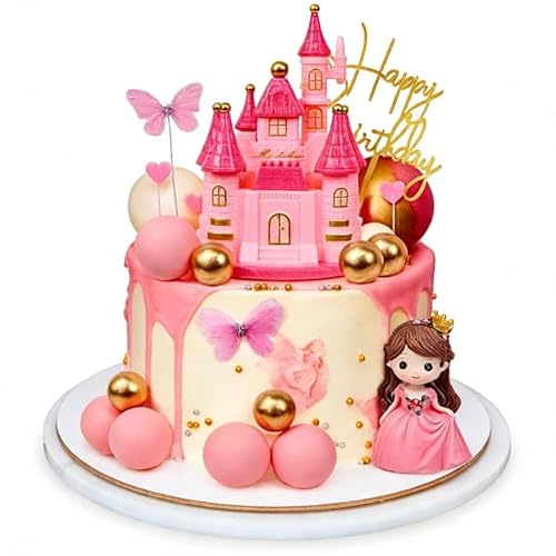 Princess Castle Cake Toppers Decoration, 18 pcs Pink Organza Butterfly Balls Happy Birthday Cake Decorations, Princess Castle Cake Decorations for Baby Shower Girl Birthday Party Supplies