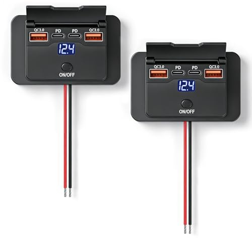 VEGOATY Lot de 2 prises de charge USB 12 V Chargeur de voiture : prise de charge de voiture avec double prise de charge rapide QC3.0 & PD type C et interrupteur, prise USB 12 V pour 12 V/24 V caravane