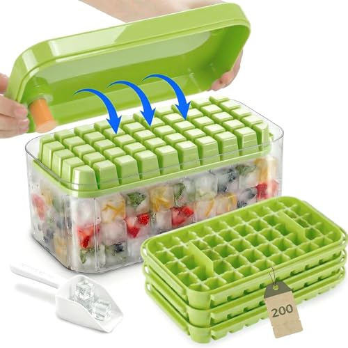 Eiswürfelform Eiswürfelbehälter mit deckel 200 Eiswürfel und inkl,4 Eiswürfel-Tablett,1 Eisschaufel,Ideal für Whisky,Cocktails,Kaffee,Getränke (Grün)