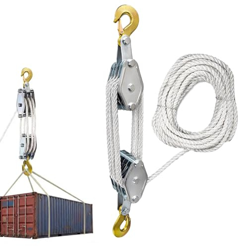 YOZAIUUI Block and Tackle Pulley System: Heavy Duty Alloy Pulley Block with 20m Rope 4400lbs Max Load Rope Hoist Pulleys System for Lifting Hunting Garage Heavy Objects