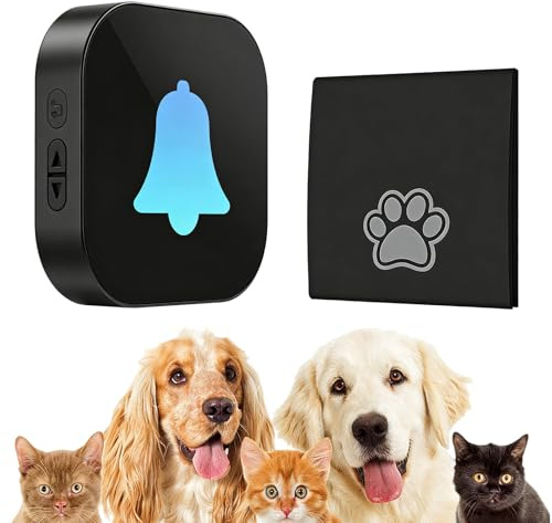 PORFOYO Dog Doorbell, anello wireless Bell to Go Outside, campanello per cani, campanello con 38 suonerie e 4 livelli di volume, gamma di 400 m² per esterni, porta di casa, casa (nero, 1 ricevitore, 1