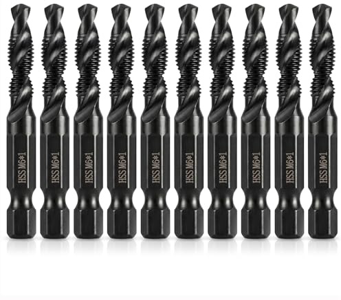 10PCS M6 Combination Drill Tap, Taps Bit Set 6mm Hex Shank Screw Threading Tapping Tools Tap Drill Bits with Anti-rust Black Coating, High Speed Steel Machine Drilling Tapping Tool for Wood Copper