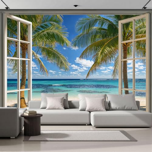 Papel Pintado Palmeras Playa, Mural De Pared Panorámico Refrescante Vista De La Isla Desde La Ventana, Fotomural Para Paredes Mural - Decoración De Pared Para Salón Habitaciones 200x140cm, Azul