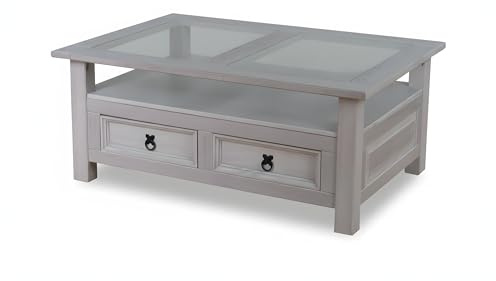 Couchtisch New Mexico grau Kiefer massiv Wohnzimmer Tisch Beistelltisch – Hacienda-Look – Couchtisch – B 107 x H 45 x T 76cm – Kiefer, Metallgriff – Farbe Grau – 2 Schublade(n) – rustikal – Landhaus