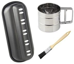 Zenker Back-Set Christstollen, Stollenform mit Antihaftbeschichtung, Mehl- und Puderzuckersieb aus Edelstahl & Backpinsel mit Teflonborsten, Menge: 1 x 3er Set