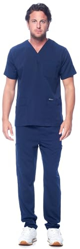 Dagacci Medical Uniform Unisex Women and Men’s V-Neck Super Stretch Scrub Set, Navy, S