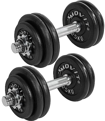 MOVIT® Kurzhantel PRO Set, Gusseisen Hantel, 2x 15kg, Stange 30mm Standardnorm, Griff gerändelt, Sternverschlüsse, Hantel Set Kurzhantelset Gewichte