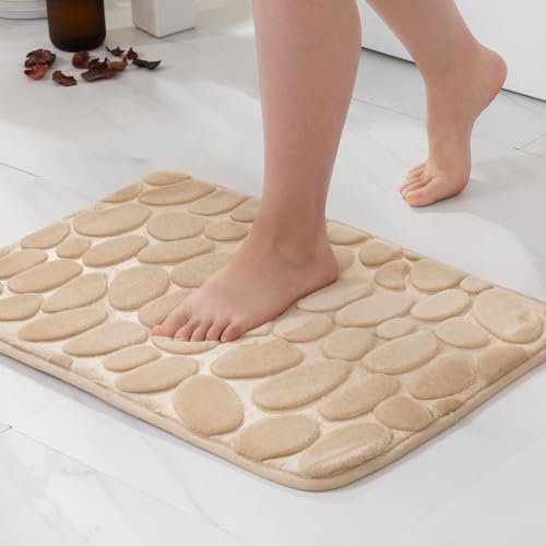 MIULEE Tapis de Bain Style Galets Antidérapant en Mousse à Mémoire – Ultra Doux, Absorbant, Séchage Rapide, Lavable en Machine, Tapis de Salle de Bain pour Douche, Baignoire – 40x60 cm， Camel