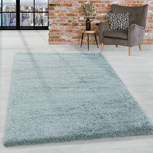 HomebyHome Shaggy Teppich Läufer Flur 60 x 110 cm - 50 mm Florhöhe Hochflor Wohnzimmerteppich Blau Extra Weich und Flauschig - Bettvorleger Teppiche für Schlafzimmer - Waschbarer Küchenläufer