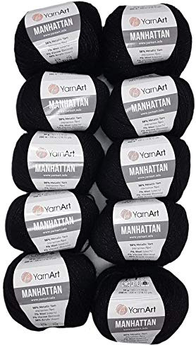 10 x 50g YarnArt Manhattan Viscose - Garn mit Glitzer, 500 Gramm Metallic-Wolle, Effektwolle (schwarz 916)