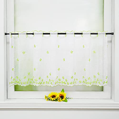 Yujiao Mao 1er-Pack landhausstil Scheibengardine mit Blumenstickerei Leinenoptik Küchengardine Bistrogardine transparente Kaffee Gardine, mit Lochleiste, HxB 60x90cm, grün